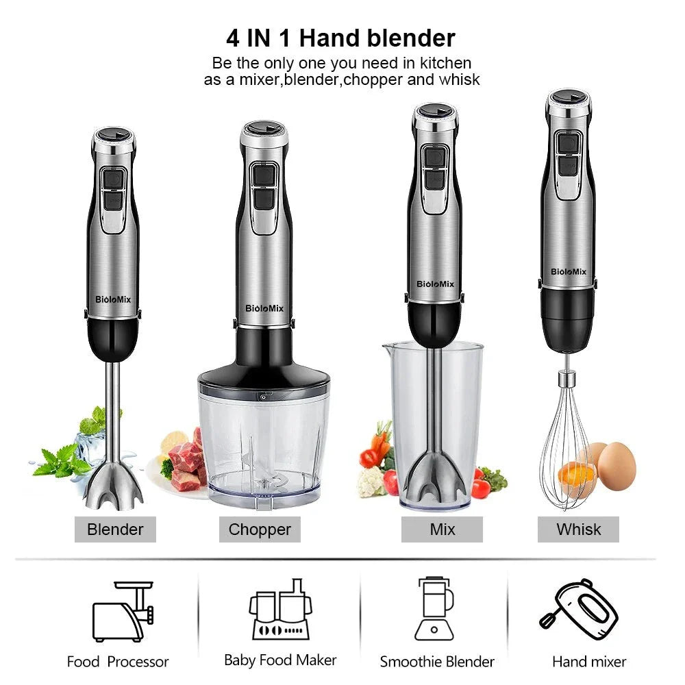 A powerful 1200W 4-in-1 immersion hand blender with attachments for chopping, blending, and whipping