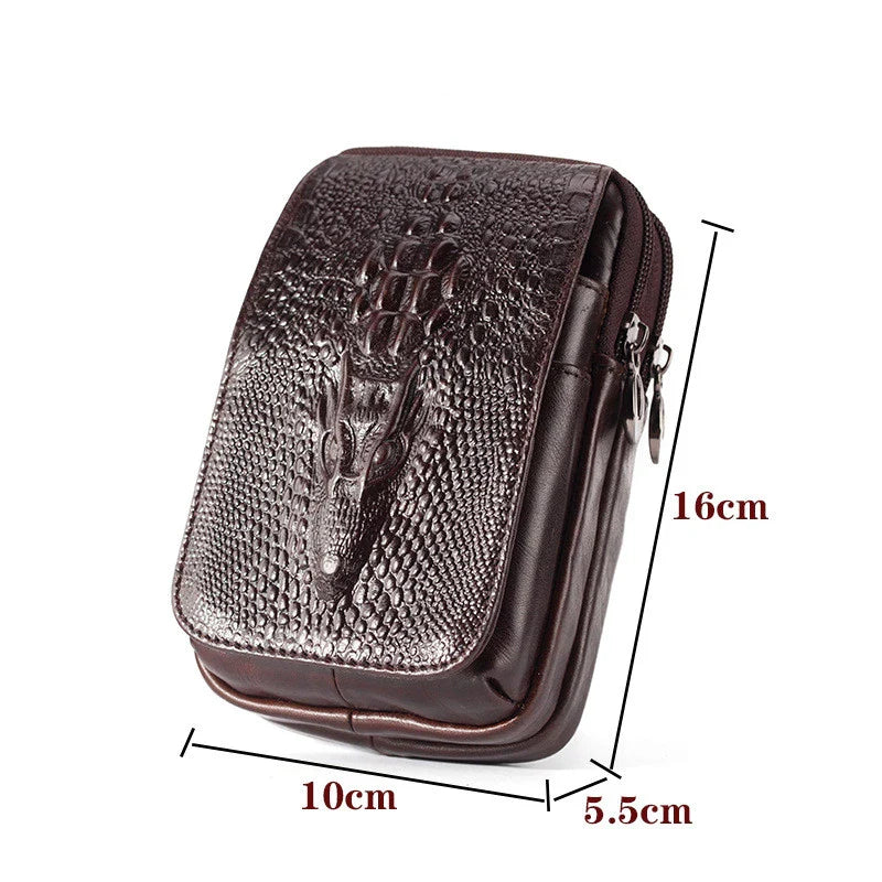 Premium cowhide leather men's mobile phone pouch in vertical design with multiple interior compartments