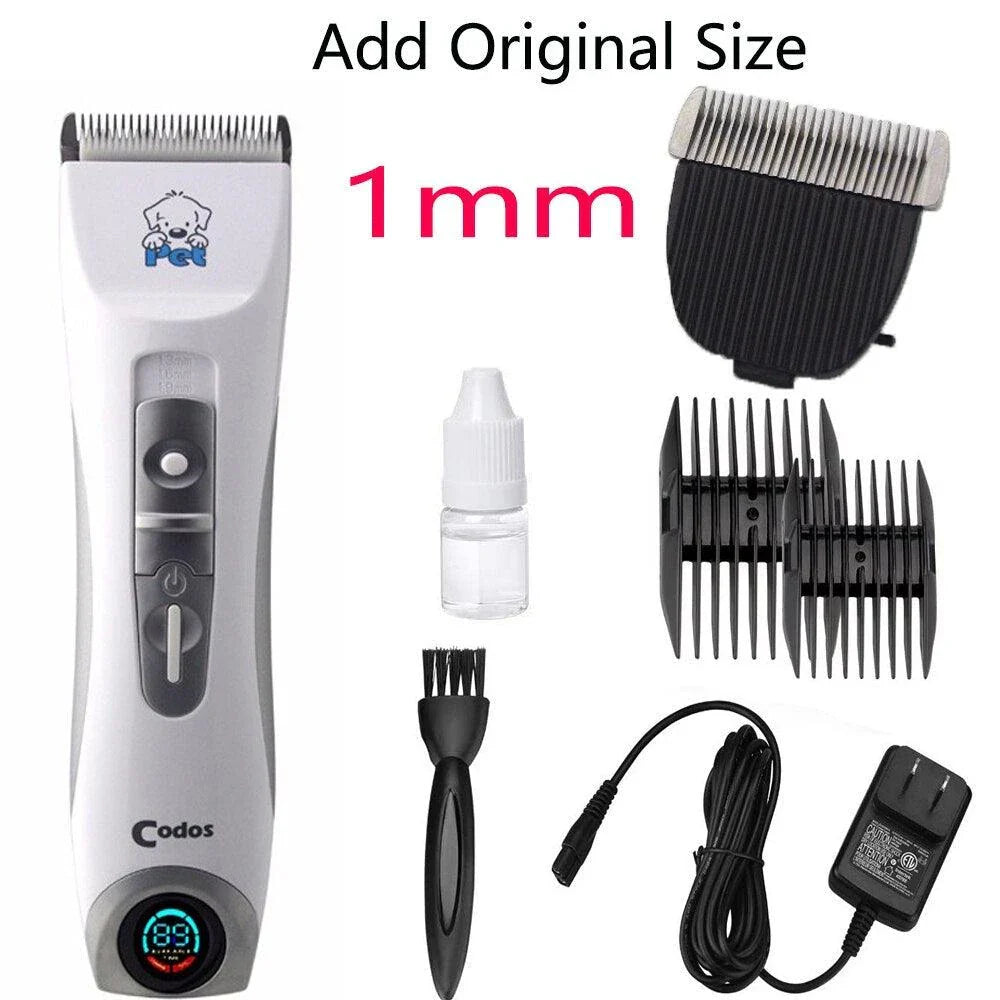 A modern, cordless electric dog grooming trimmer with an LCD display and multiple attachments for professional-quality pet grooming