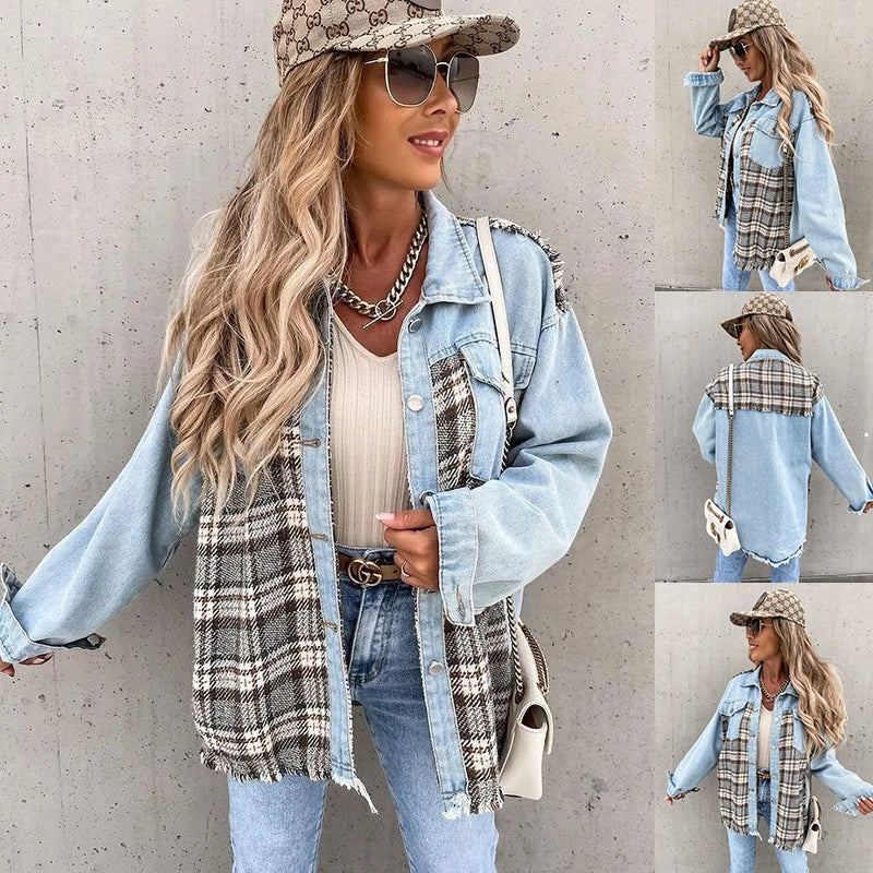 Classic denim plaid jacket with relaxed fit, made from high-quality polyester for British women.