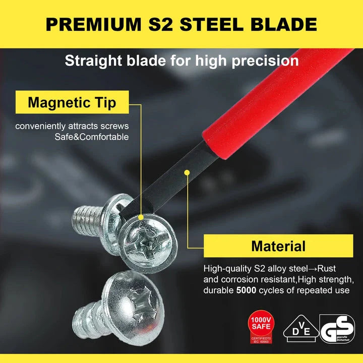 Premium 1000V insulated electrician screwdriver set with S2 steel construction, magnetic tips, and ergonomic non-slip handles for safe and precise electrical work