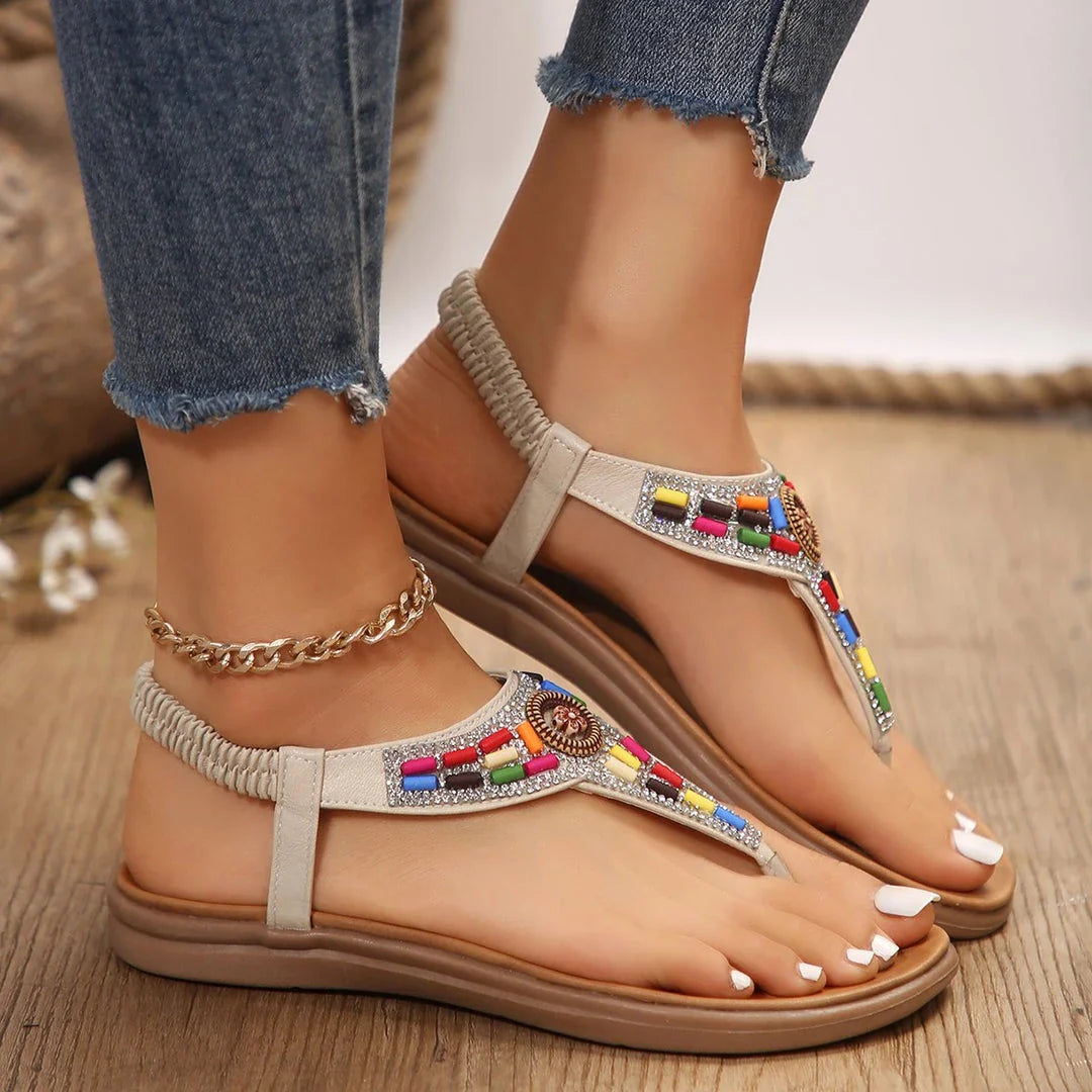 Elegant crystal-embellished bohemian-style sandals in a range of sizes, perfect for summer wear