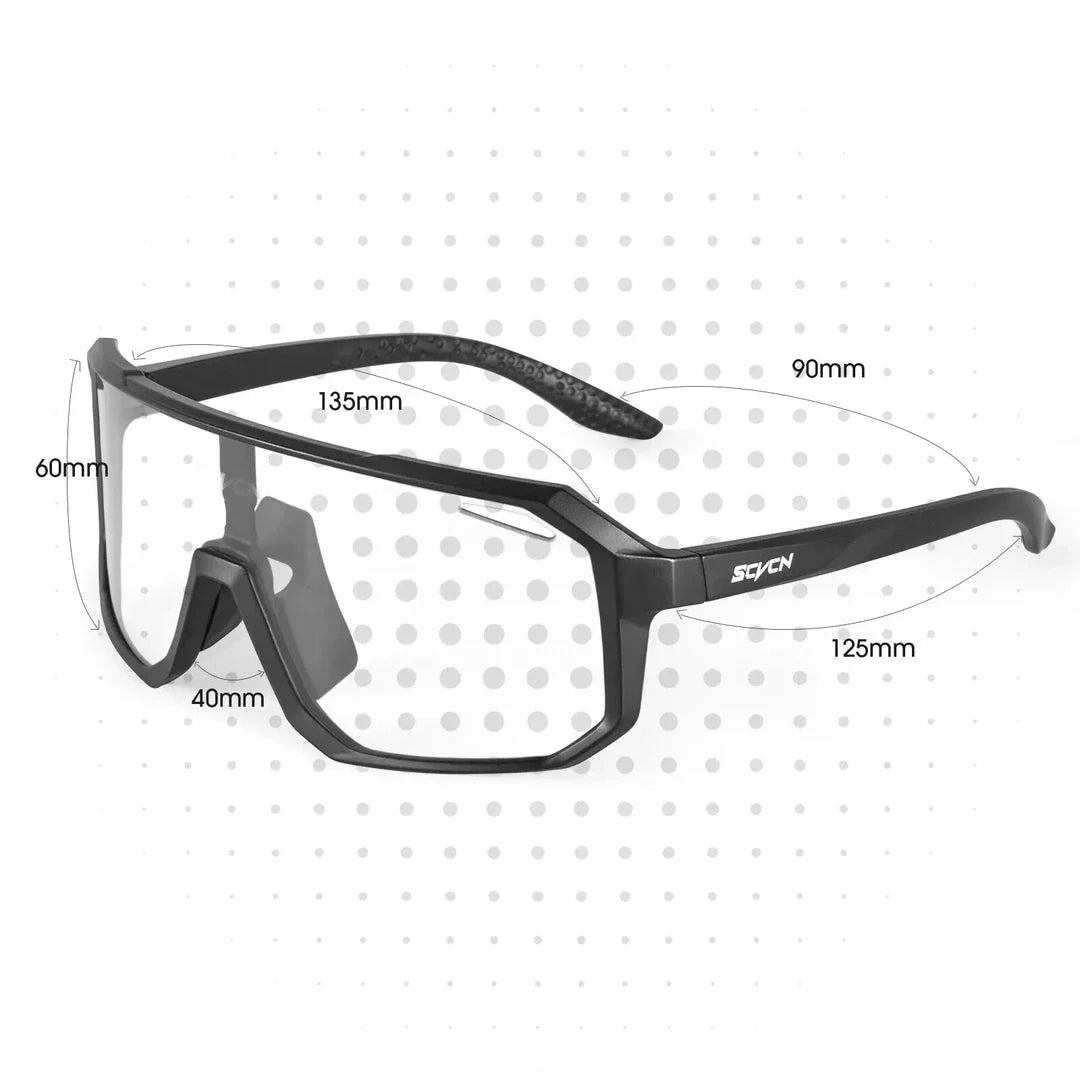 Pair of black photochromic cycling sunglasses with adjustable fit and UV400 protection