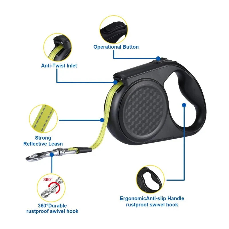 5 metre retractable dog leash with reflective strip, suitable for dogs up to 20 kg