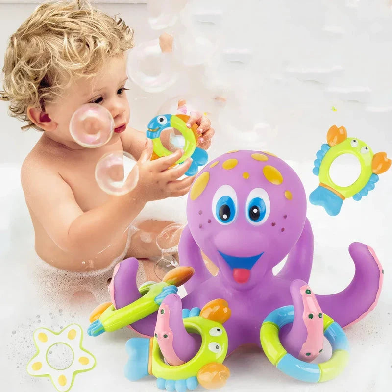 A purple octopus bath toy with colourful rings for tossing and splashing in the water