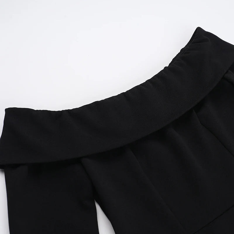 Elegant off-the-shoulder A-line dress for women with slim fit, bell sleeves, and high waist design