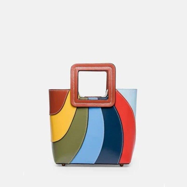 Stylish patchwork vegan leather tote bag with vibrant colour design and versatile carrying options