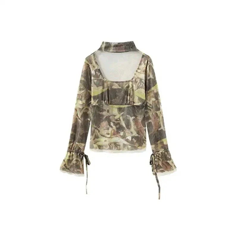 Retro Y2K Mesh Drawstring Flare Sleeve Crop Top - Unique British Fashion Statement with Steampunk Art Design