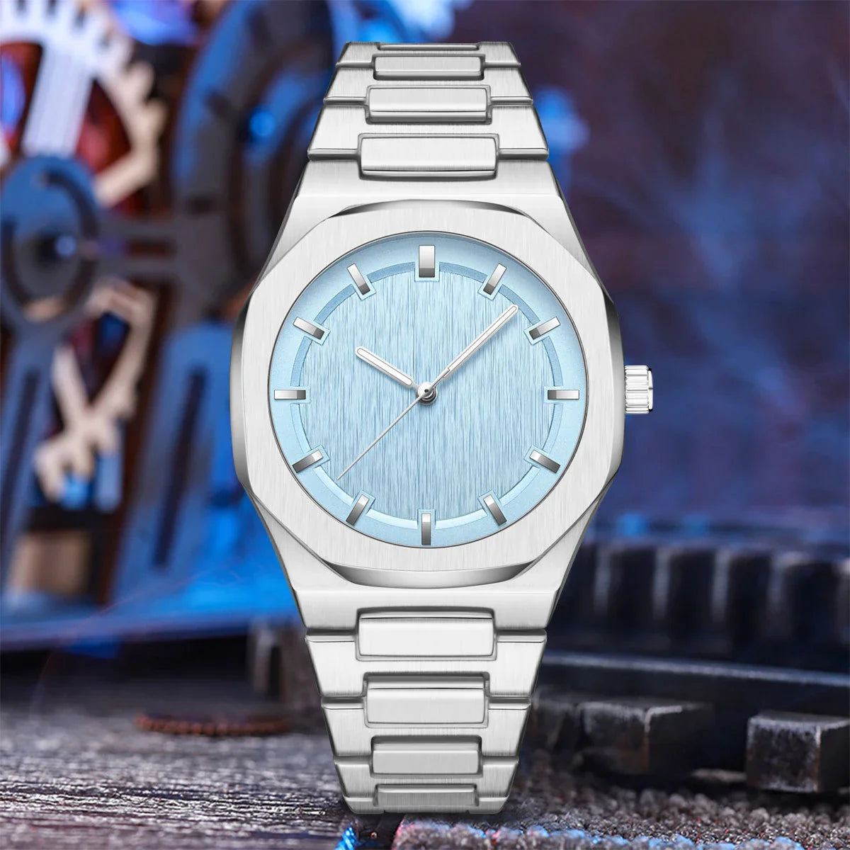 Sophisticated octagonal dial men's watch with stainless steel case and mineral-reinforced glass crystal