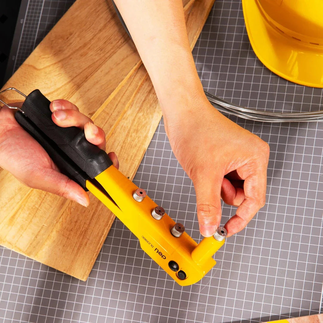 Premium 10.5-inch single-handed rivet gun for DIY projects, made of durable chromium-molybdenum alloy steel with a comfortable coated handle.