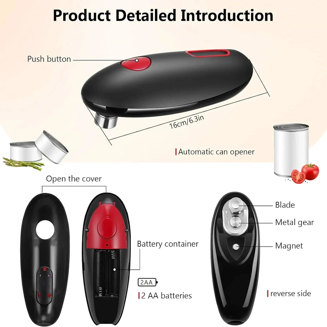 Compact Automatic Can Opener with One-Button Operation, Safe Cutting Mechanism, and Versatile Design for Opening Cans, Jars, and Bottles