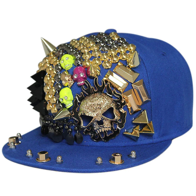 Stylish Ghost Head Baseball Cap with Rivets - Adjustable, Flat Brim, Premium Cotton-Polyester Blend