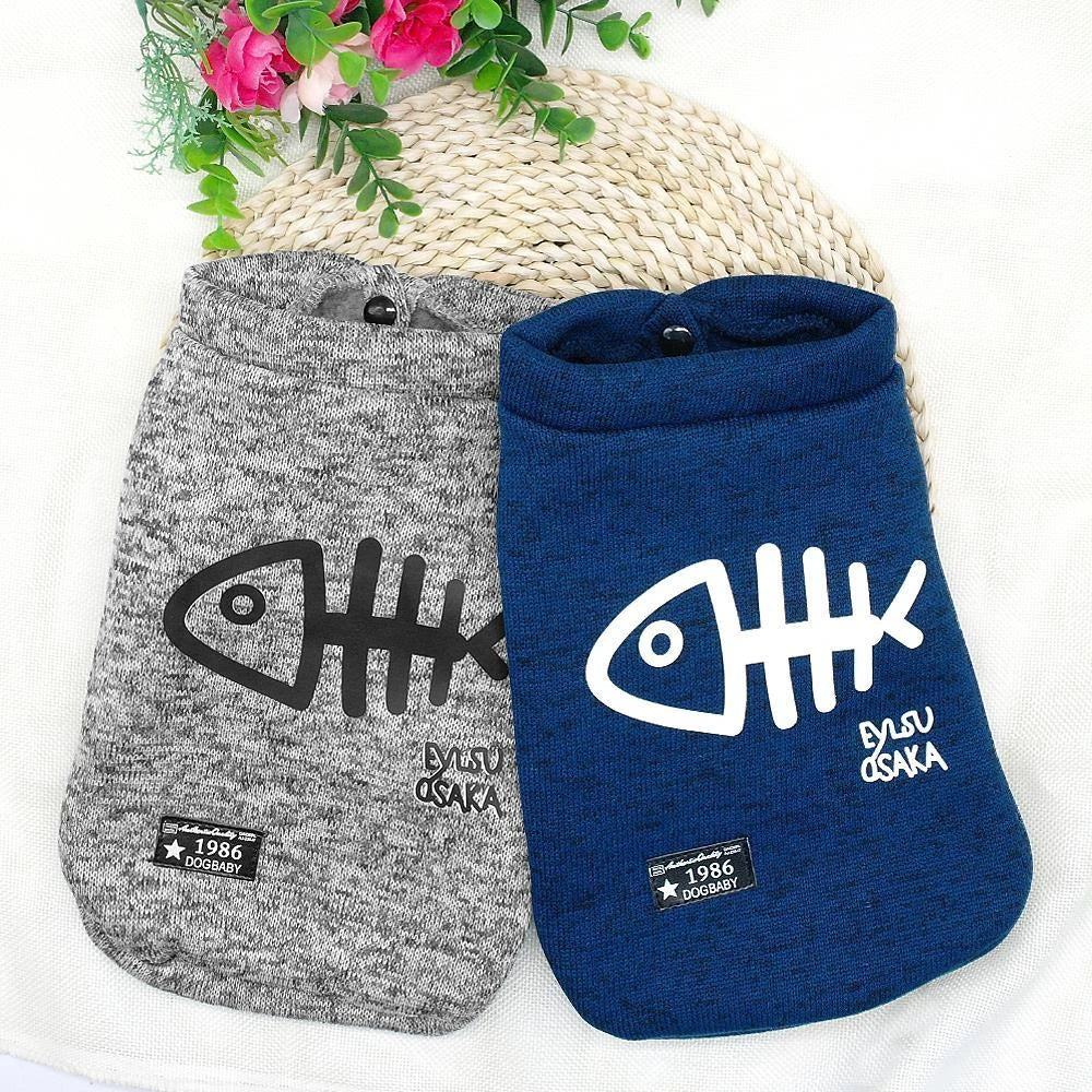 Stylish fish bone printed dog hoodie in gray and blue colours, perfect for keeping small pups warm and cosy in the UK
