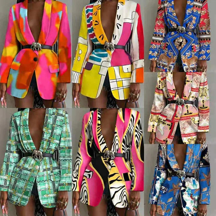 Women's Stylish Printed Shawl-Collar Single-Breasted Blazer with Belt in various colours