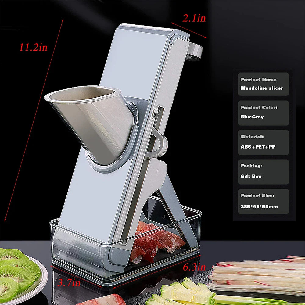 Adjustable Mandoline Slicer with interchangeable blades for slicing, chopping, and cutting vegetables and fruits