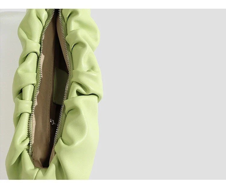 Pleated fashion one-shoulder diagonal handbag in various colours including white, yellow, green, black, and light blue