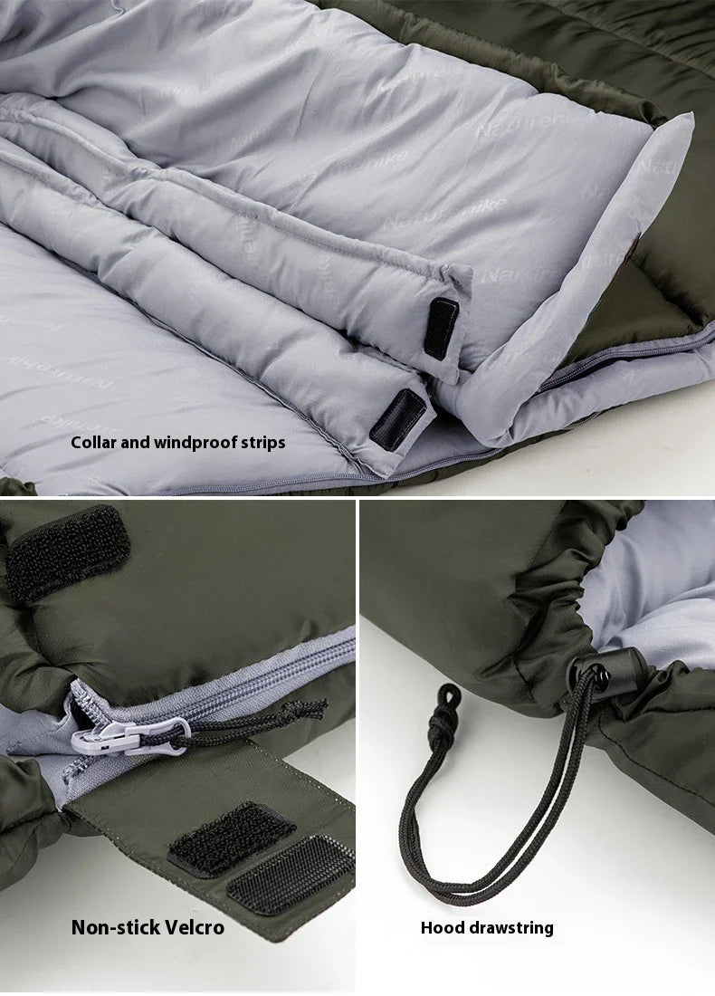 Naturehike Luxury Down-filled Sleeping Bag for Outdoor Camping in Hollow Cotton/Clay Gray, Hollow Cotton/Moxa Leaf Green, and Down Cotton/Sky Blue colours