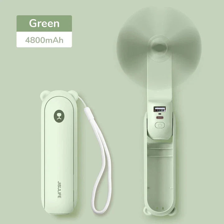 Portable Mini Handheld Fan with 4500mAh battery, 3 speed settings, power bank, and flashlight