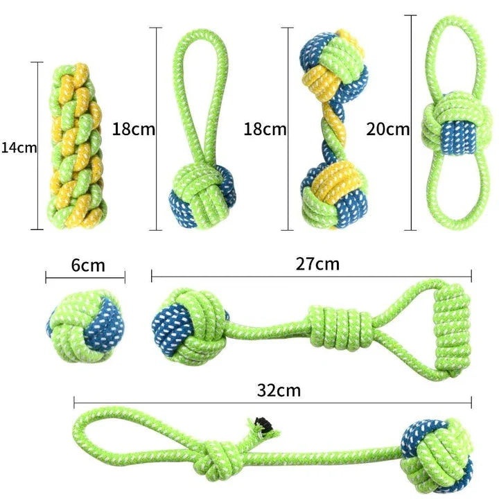 A 7-piece set of premium cotton rope toys for pets, featuring vibrant colours and varied shapes to stimulate your pet's senses