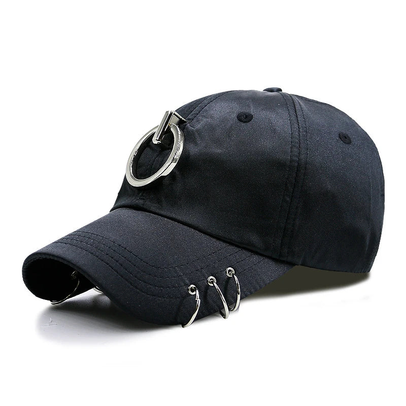 A stylish black flat-brimmed cap with a Korean-inspired design, featuring an adjustable elastic band for a comfortable fit.