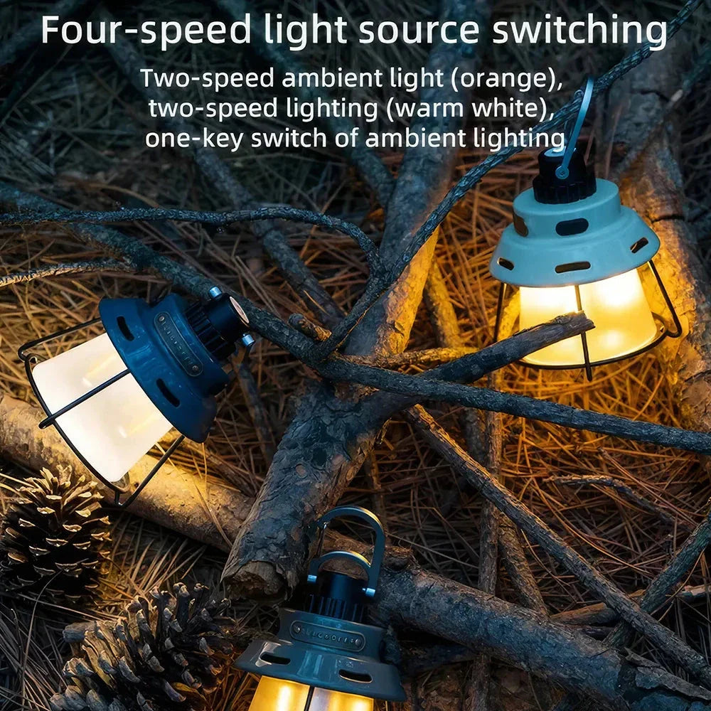 Portable Camping Light with four-level lighting, magnetic attachment, and convenient hook for versatile outdoor illumination