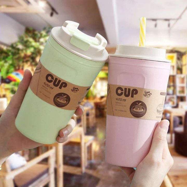 Premium bamboo fibre travel mug with leak-proof lid, available in green, brown, and black colours