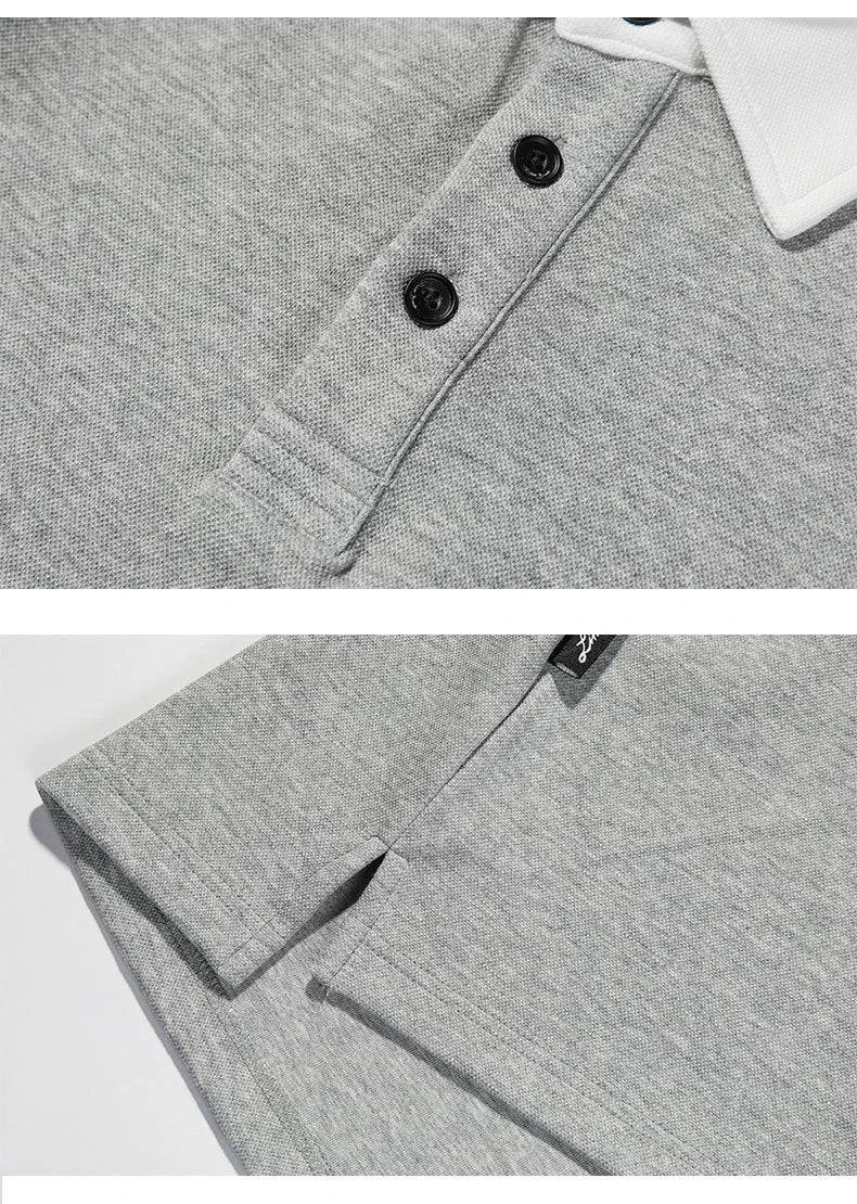 Melange grey polo shirt with contrast stitching, designed and made in Britain for comfortable summer wear