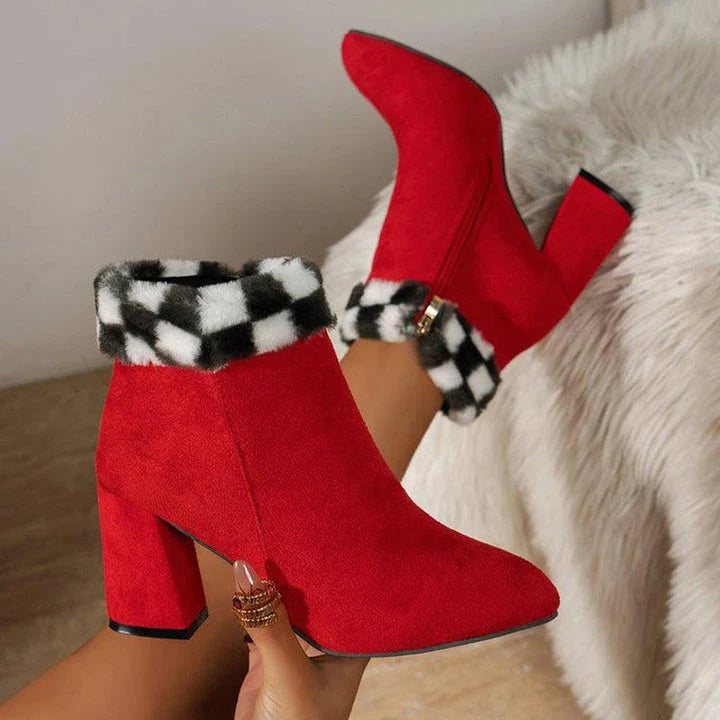 Premium plaid print ankle boots with a cosy lining, sturdy square heel, and versatile design for stylish winter wear