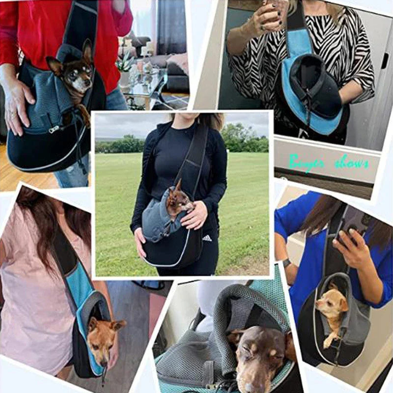 Stylish and secure pet carrier bag made of breathable Oxford fabric, with adjustable drawstring closure and zipper bottom for pet safety during outdoor adventures.