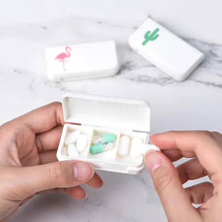 Compact and stylish 3-compartment pill organiser for travelling, made from durable, eco-friendly plastic