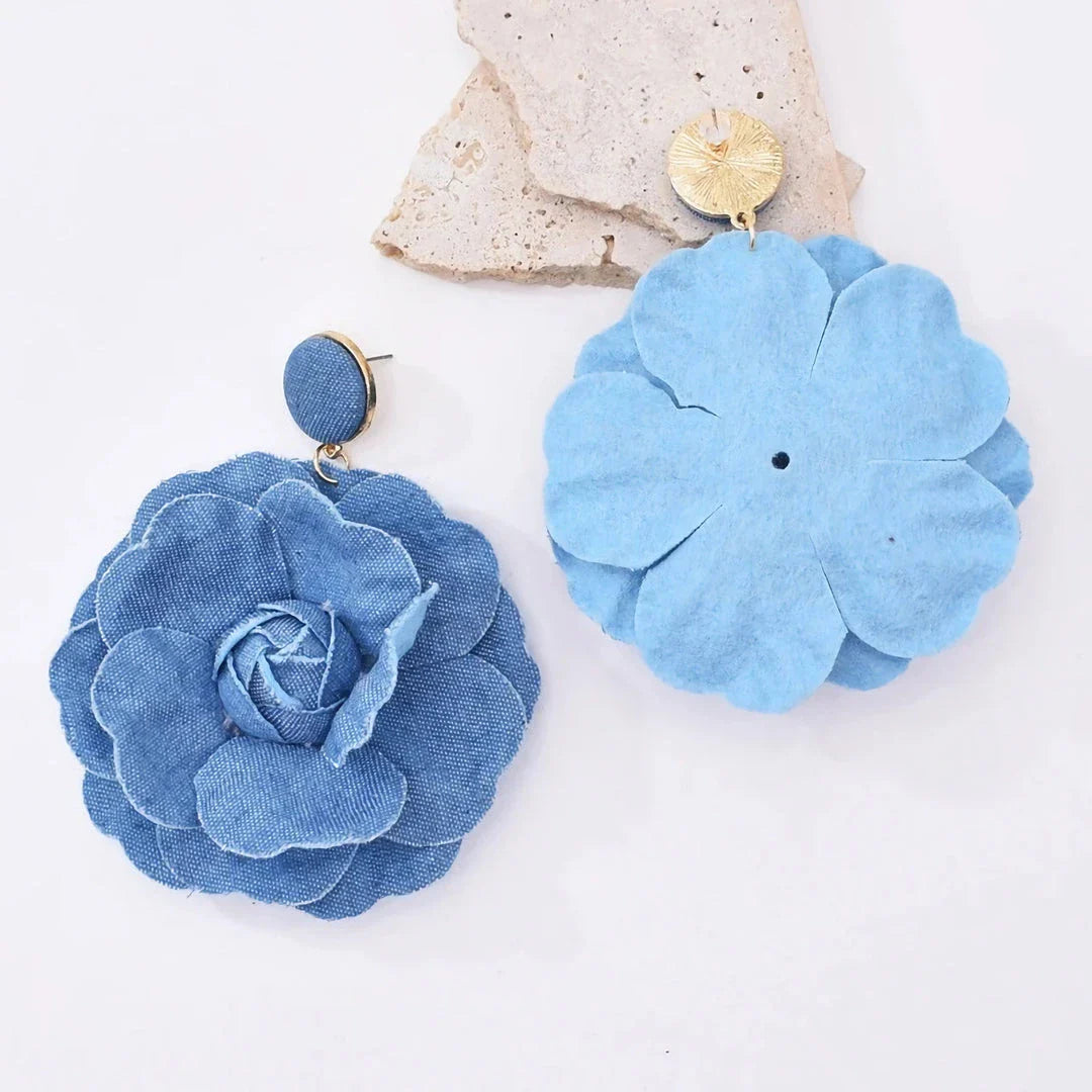 Exquisite denim drop earrings with charming accents, perfect for elevating British fashion and style