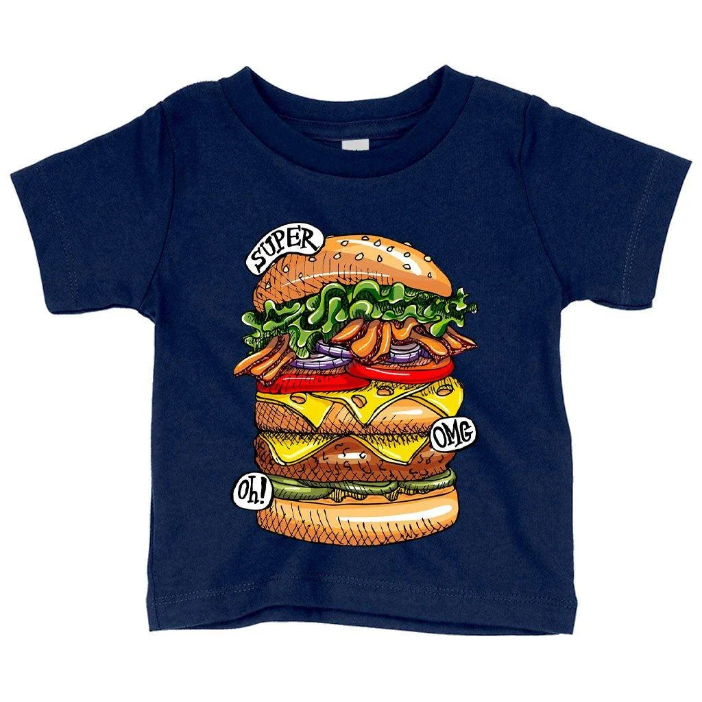 Trendy Baby Burger T-Shirt in white, featuring a cute burger graphic design for comfortable and stylish baby clothing