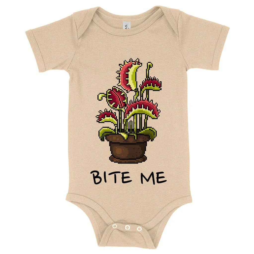 Adorable baby wearing a soft, flexible Venus Flytrap-inspired onesie in a cosy, yet playful design