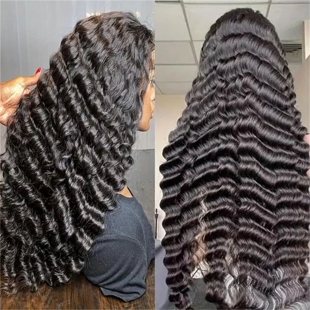 Luxurious deep wavy human hair wig with natural lace construction, available in various lengths for a customized, elegant look.