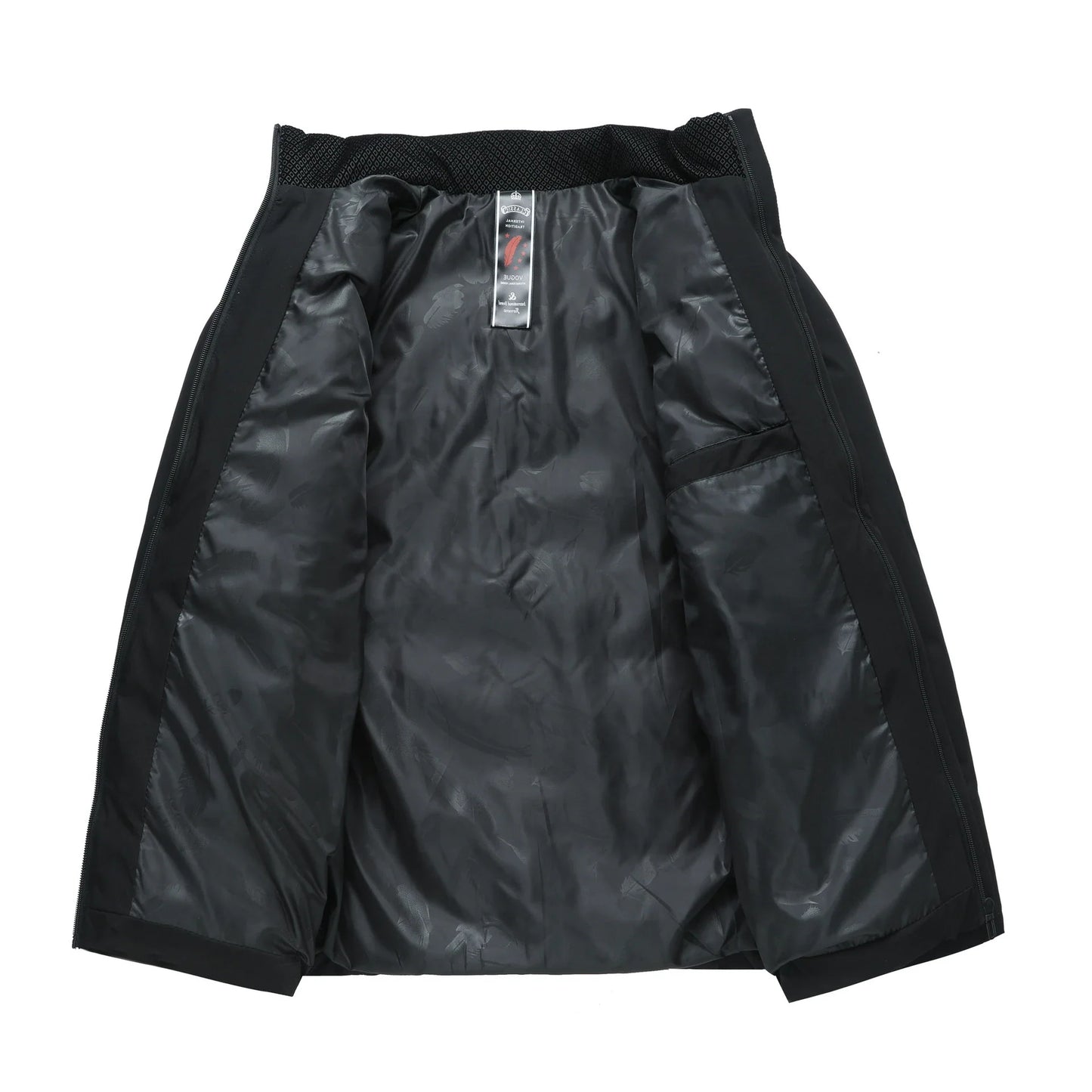 Premium cotton-padded jacket with stand collar and zip closure, available in gray, black, and navy blue