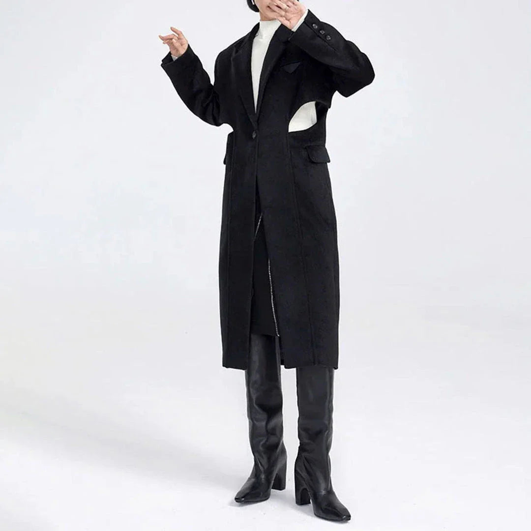 Elegant autumn-winter woollen overcoat with waist cut-out design, turn-down collar, and single-button closure