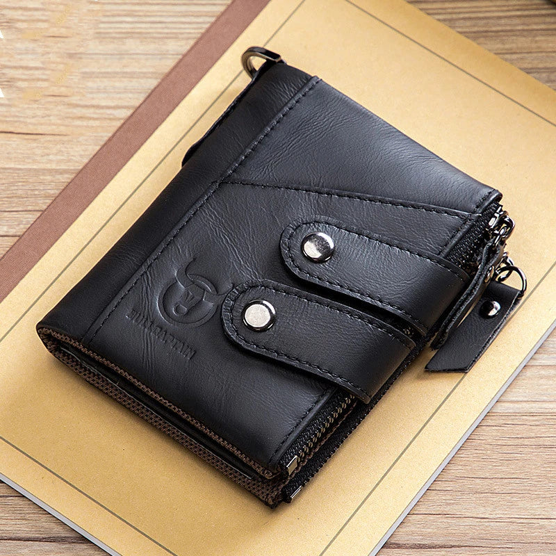 Premium genuine leather men's tri-fold wallet with vintage-inspired zipper closure and classic colour options