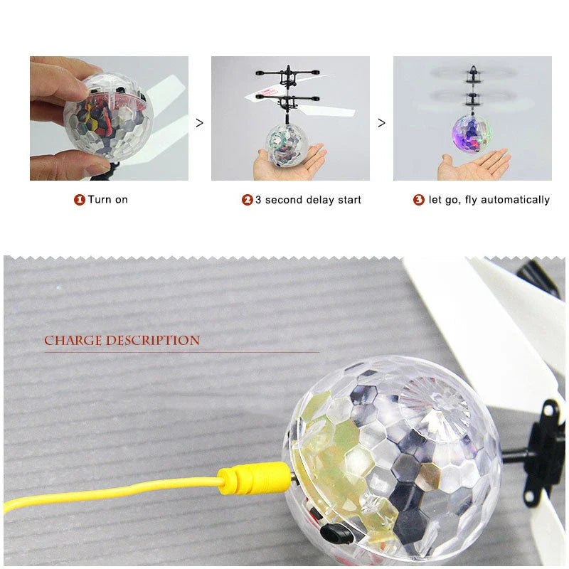 A neon-coloured LED magic hover ball floating and gliding effortlessly through the air, creating a mesmerizing visual display.
