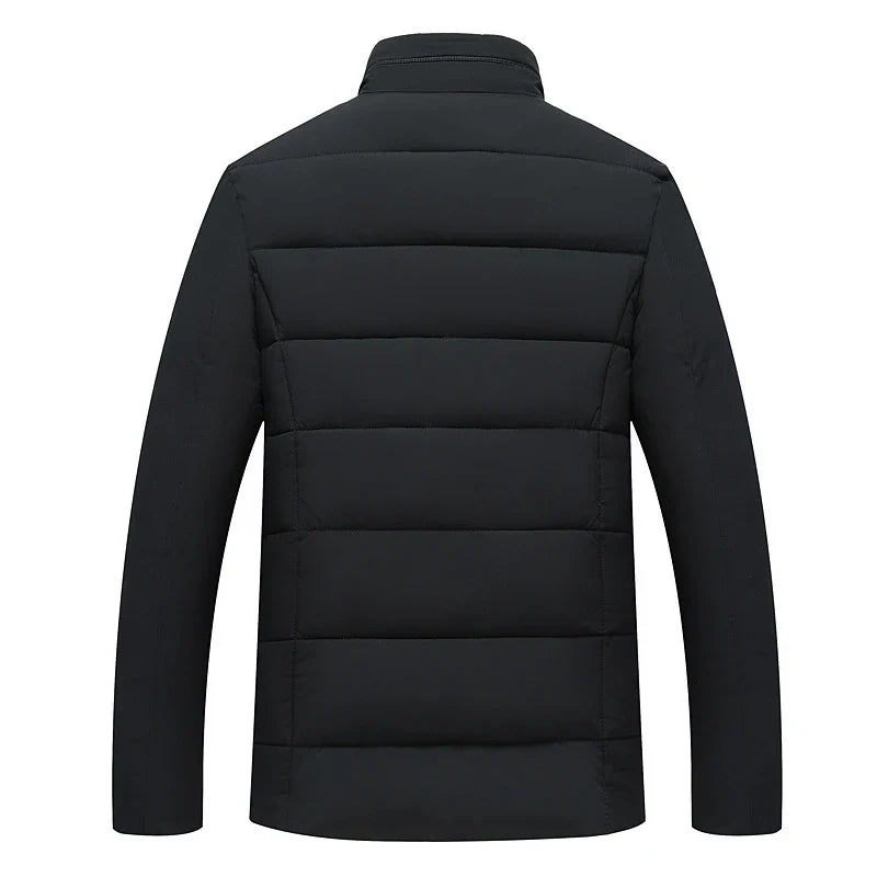 Premium cotton-padded jacket with stand collar and zip closure, available in gray, black, and navy blue