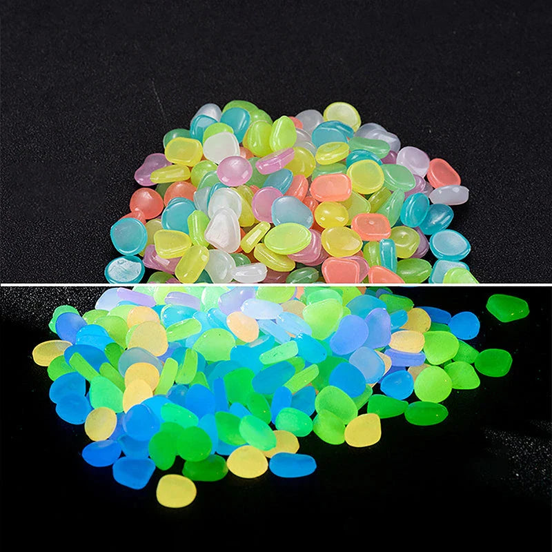 Enchanting glow-in-the-dark decorative pebbles illuminating a garden pathway at night