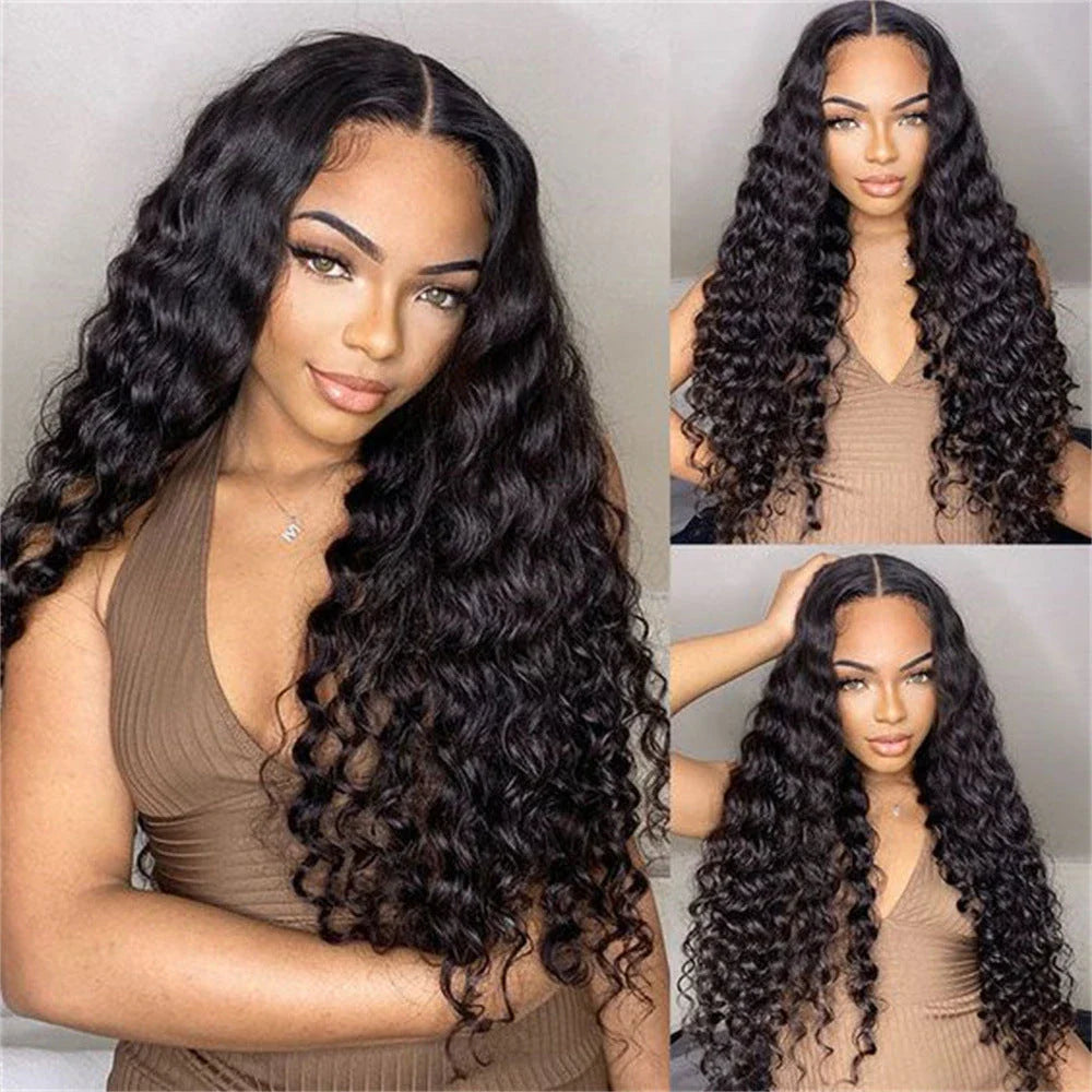 Luxurious deep wavy human hair wig with natural lace construction, available in various lengths for a customized, elegant look.