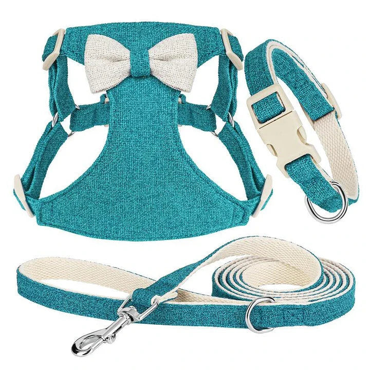 Adjustable bowtie collar, leash, and harness set for small and medium-sized pets in blue, green, pink, and red colours