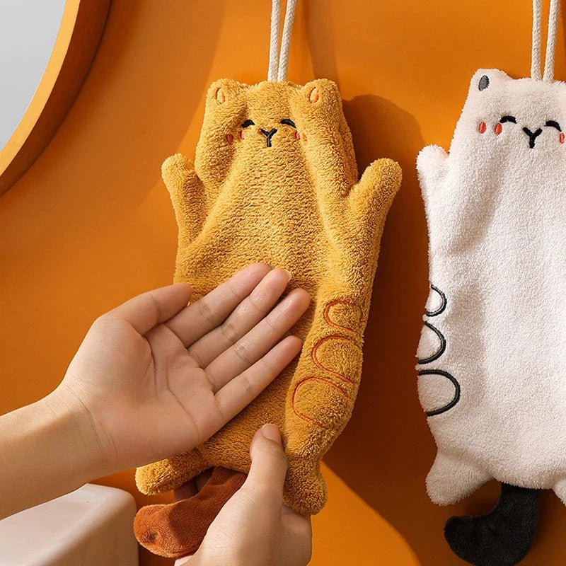 Soft, absorbent coral velvet cat-shaped hand towel with convenient hanging lanyard