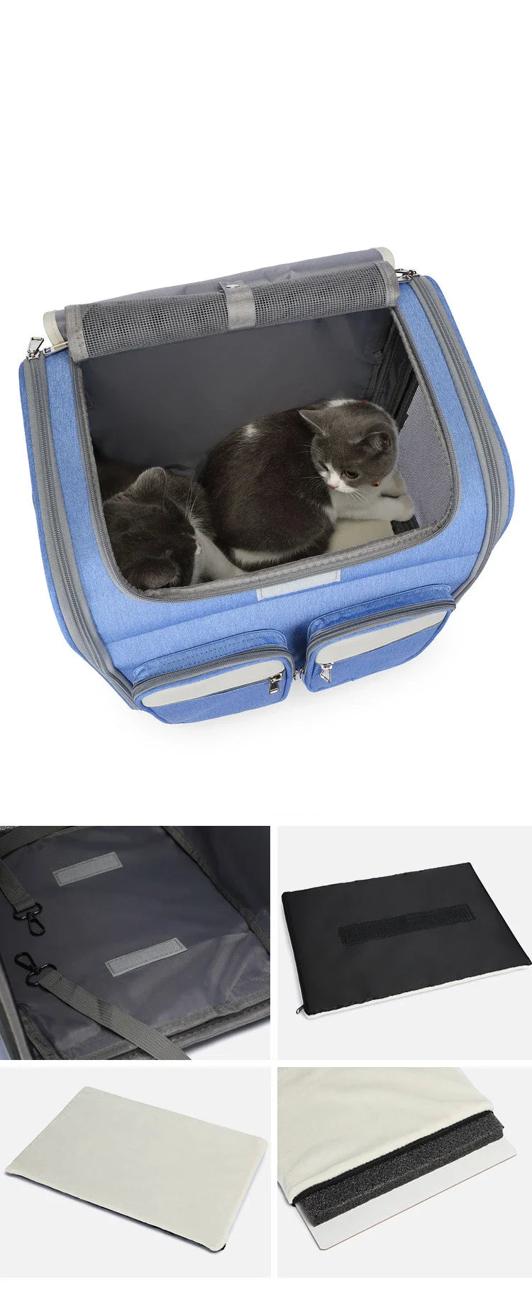 Convenient pet carrier trolley in blue colour, designed with a folding mechanism for easy transport and storage