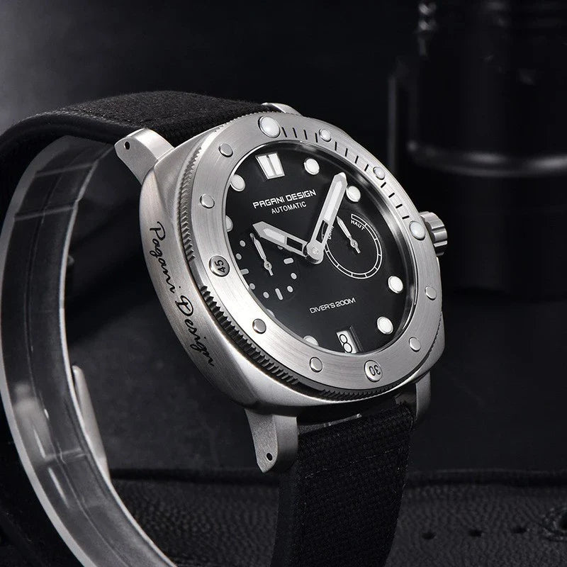 Sophisticated waterproof automatic mechanical watch with stainless steel case and textile strap, available in black, grey, green, and blue colour options