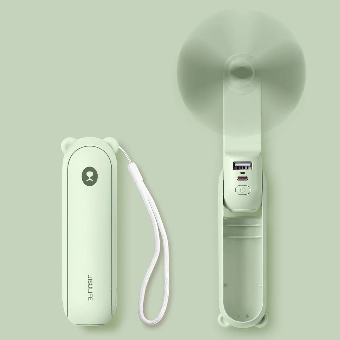 Portable Mini Handheld Fan with 4500mAh battery, 3 speed settings, power bank, and flashlight