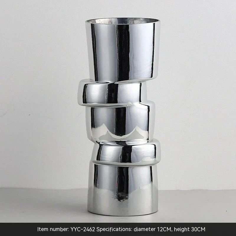 Electroplated silver glass vase with a modern, geometric design for home decor