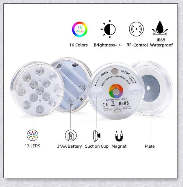 Submersible colour-changing LED pool lights with magnetic and suction cup mounting for easy installation