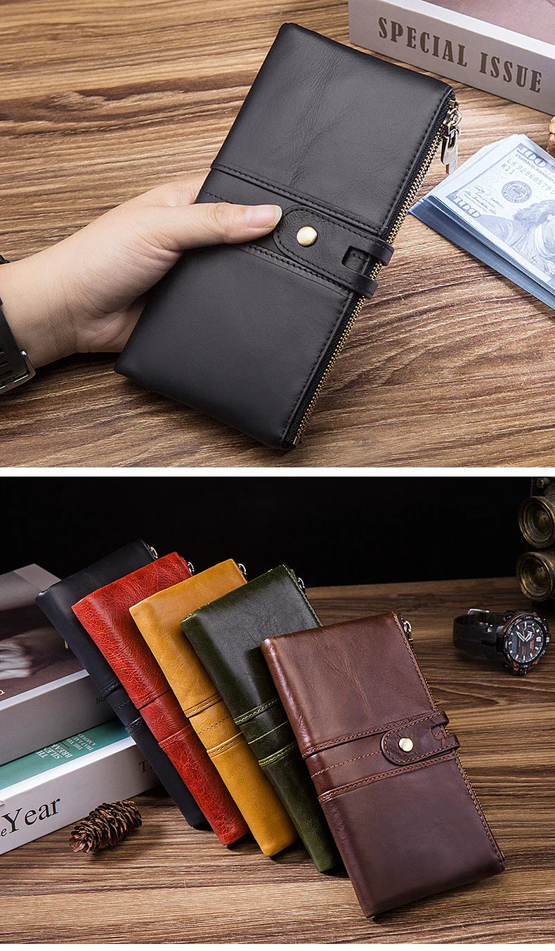 Trendha Premium Cowhide Leather Wallet with Multiple Card Slots and Secure Zipper Compartment