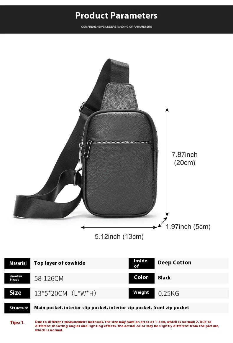 A premium genuine leather crossbody bag with an urban, minimalist design, perfect for everyday use and outdoor adventures.
